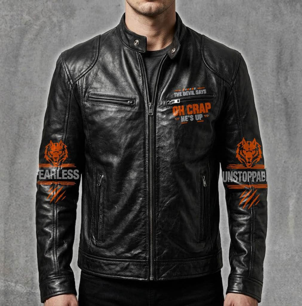 JANUARY Motorcycle Leather Jacket（GC) A09-258-THE DEVIL SAYS OH CRAP, HE'S UP - SNOW MALE01 (SKU2607-71-01)