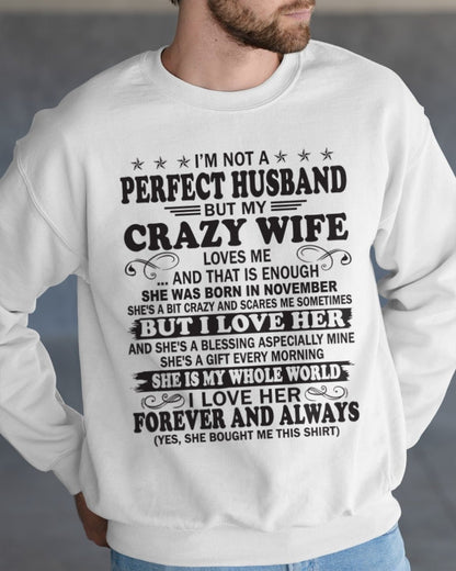 I'm Not A Pefect Husband But My Crazy Wife Loves Me T-Shirt – Birthday Gift From November Wife / Woman - snow11 (SKU12-243-11)