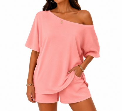 Off-center collar top and shorts set A09-763
