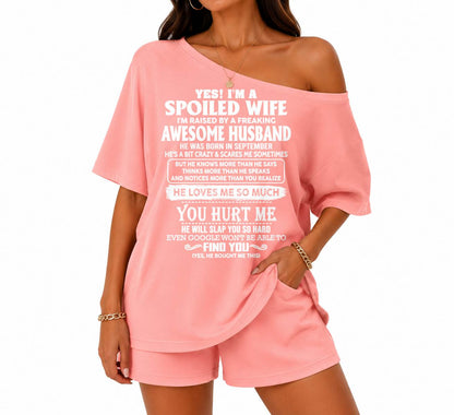 Off-center collar top and shorts set A09-763. SEPTEMBER, I'M A SPOILED WIFE OF AN AWESOME MAN - GIFT SHIRT FROM HUSBAND TO WIFE (SKU2607-188-09)