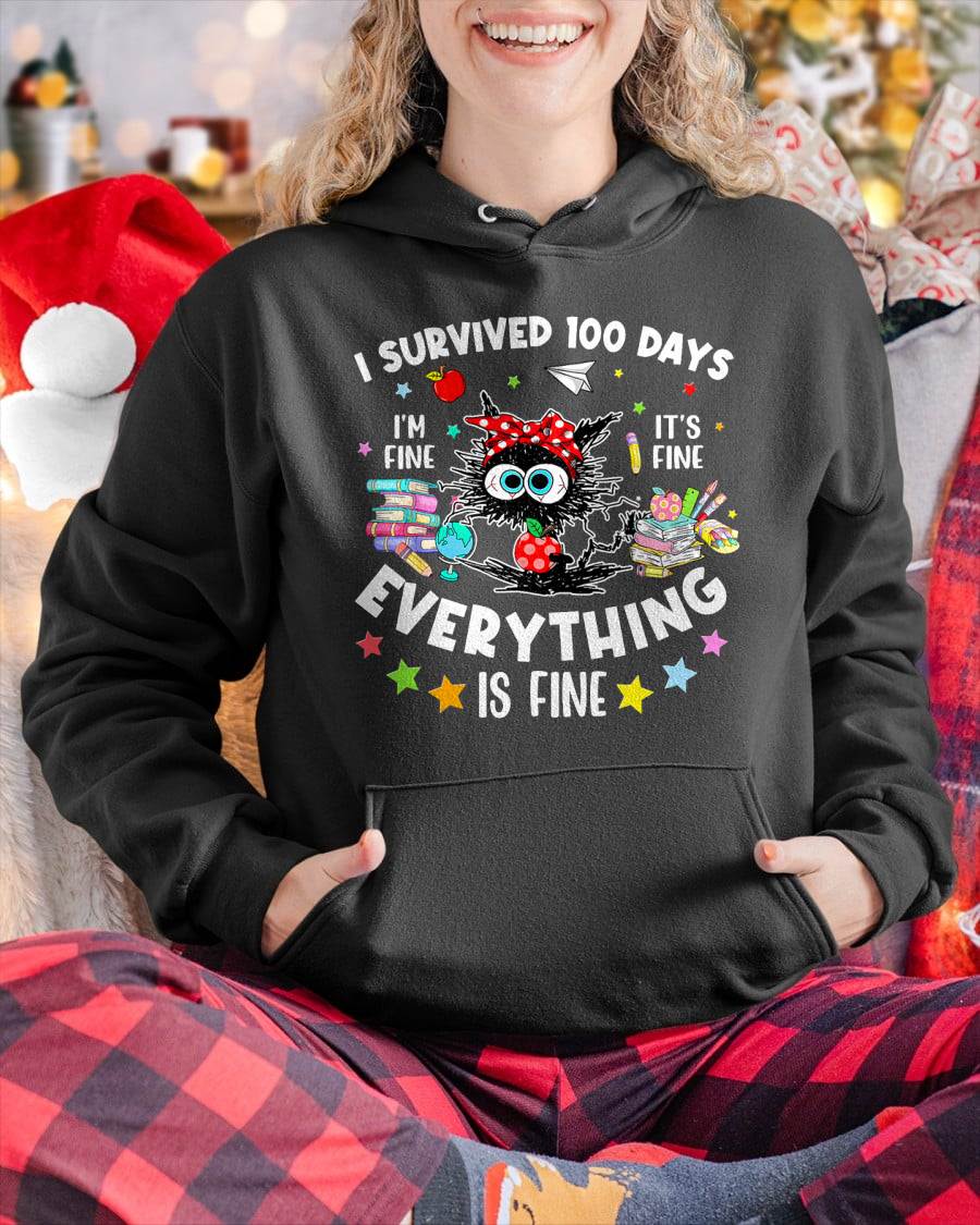I Survived 100 Days of School Teacher Kids Funny Cat Lover T-Shirt