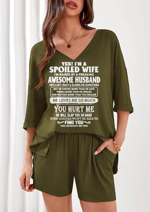 Ribbed V-Neck Lounge Set A09-764. I'M A SPOILED WIFE OF AN AWESOME MAN - GIFT SHIRT FROM HUSBAND TO WIFE (SKU2607-175-00)