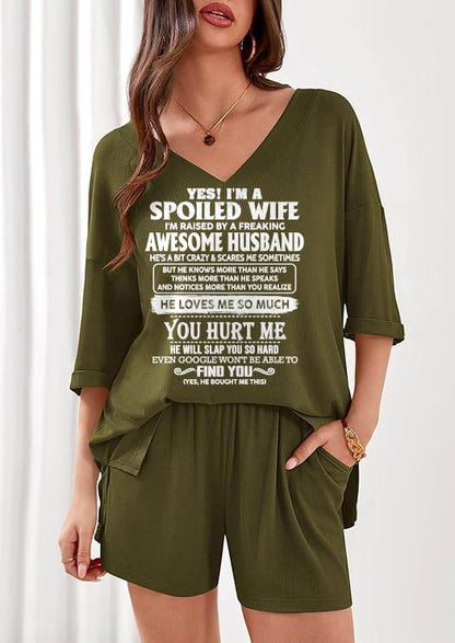 Ribbed V-Neck Lounge Set A09-764. I'M A SPOILED WIFE OF AN AWESOME MAN - GIFT SHIRT FROM HUSBAND TO WIFE (SKU2607-175-00)