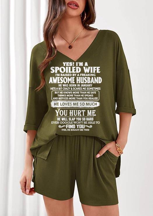 Ribbed V-Neck Lounge Set A09-764. JANUARY, I'M A SPOILED WIFE OF AN AWESOME MAN - GIFT SHIRT FROM HUSBAND TO WIFE (SKU2607-175-01)