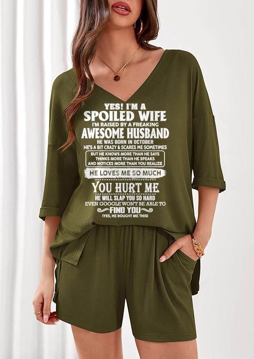 Ribbed V-Neck Lounge Set A09-764. OCTOBER, I'M A SPOILED WIFE OF AN AWESOME MAN - GIFT SHIRT FROM HUSBAND TO WIFE (SKU2607-175-10)