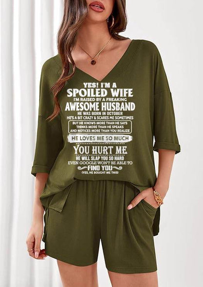 Ribbed V-Neck Lounge Set A09-764. OCTOBER, I'M A SPOILED WIFE OF AN AWESOME MAN - GIFT SHIRT FROM HUSBAND TO WIFE (SKU2607-175-10)