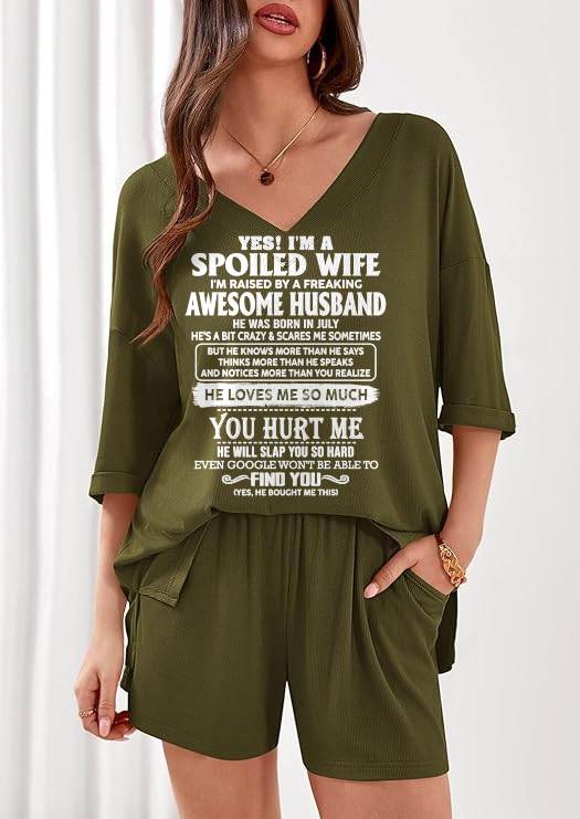 Ribbed V-Neck Lounge Set A09-764. JULY, I'M A SPOILED WIFE OF AN AWESOME MAN - GIFT SHIRT FROM HUSBAND TO WIFE (SKU2607-175-07)
