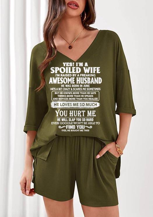 Ribbed V-Neck Lounge Set A09-764. JUNE, I'M A SPOILED WIFE OF AN AWESOME MAN - GIFT SHIRT FROM HUSBAND TO WIFE (SKU2607-175-06)