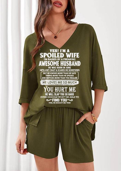 Ribbed V-Neck Lounge Set A09-764. JUNE, I'M A SPOILED WIFE OF AN AWESOME MAN - GIFT SHIRT FROM HUSBAND TO WIFE (SKU2607-175-06)