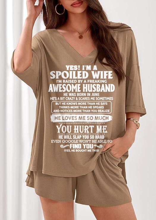 Ribbed V-Neck Lounge Set A09-764. JUNE, I'M A SPOILED WIFE OF AN AWESOME MAN - GIFT SHIRT FROM HUSBAND TO WIFE (SKU2607-175-06)