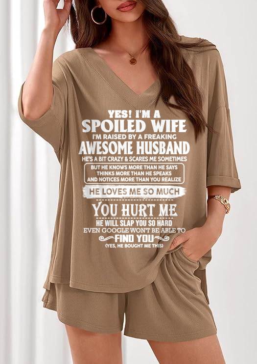 Ribbed V-Neck Lounge Set A09-764. I'M A SPOILED WIFE OF AN AWESOME MAN - GIFT SHIRT FROM HUSBAND TO WIFE (SKU2607-175-00)