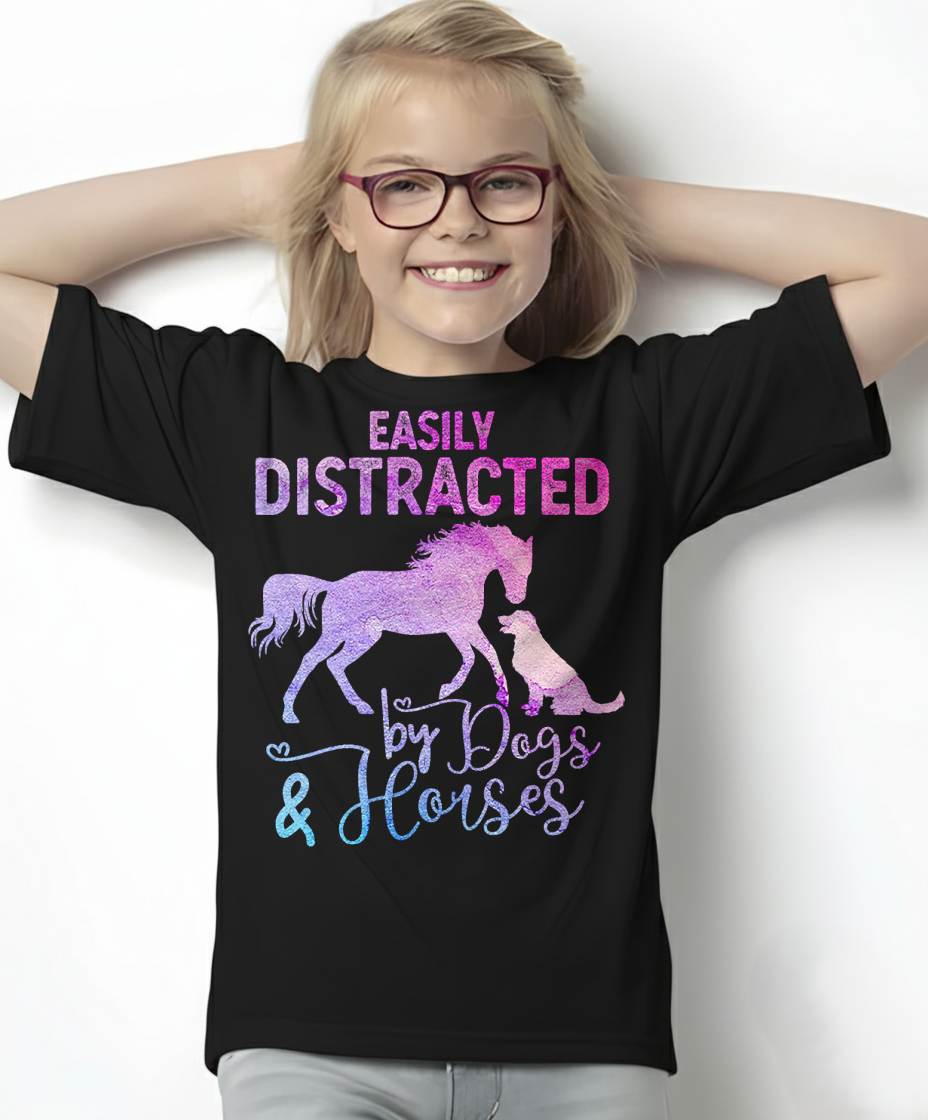 Funny Horse Women Girls Easily Distracted By Dogs & Horses T-Shirt