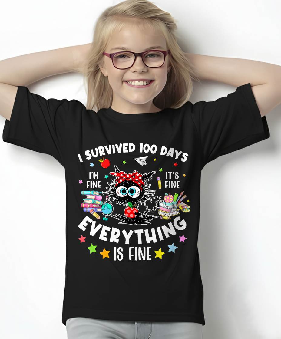 I Survived 100 Days of School Teacher Kids Funny Cat Lover T-Shirt