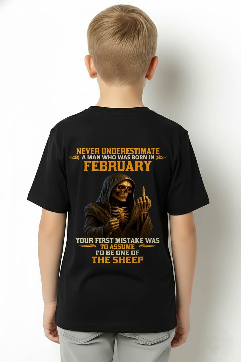 FEBRUARY SHIRT, NEVER UNDERESTIMATE A MAN WHO WAS BORN IN FEBRUARY - SNOW MALE02 (SKU2603-28-02)