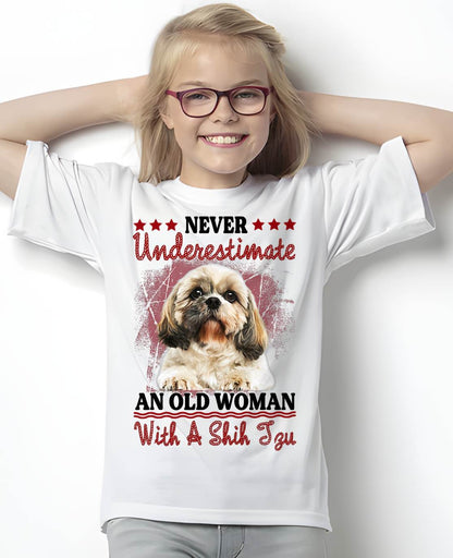 Never Underestimate Old Woman with A Shih Tzu Puppy Face T-Shirt