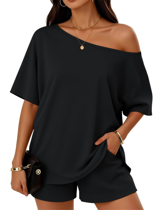Off-center collar top and shorts set A09-763