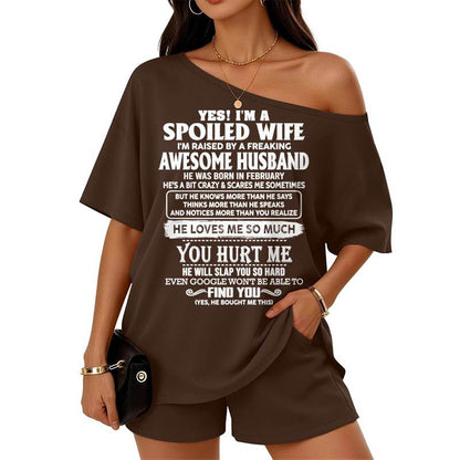 Off-center collar top and shorts set A09-763. FEBRUARY, I'M A SPOILED WIFE OF AN AWESOME MAN - GIFT SHIRT FROM HUSBAND TO WIFE (SKU2607-188-02)