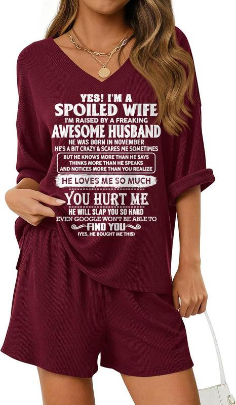 Ribbed V-Neck Lounge Set A09-764. NOVEMBER, I'M A SPOILED WIFE OF AN AWESOME MAN - GIFT SHIRT FROM HUSBAND TO WIFE (SKU2607-175-11)