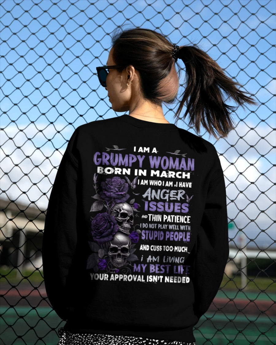 Grumpy Woman Born in March T-Shirt – Funny Skull & Rose Graphic Tee with Quotes - SNOW03 FMA (SKU10-08-03)