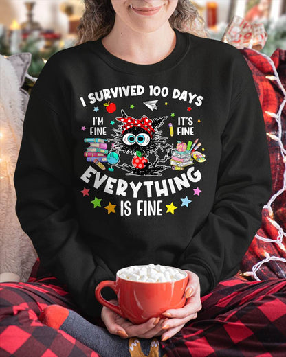 I Survived 100 Days of School Teacher Kids Funny Cat Lover T-Shirt