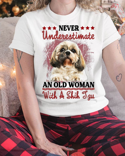 Never Underestimate Old Woman with A Shih Tzu Puppy Face T-Shirt