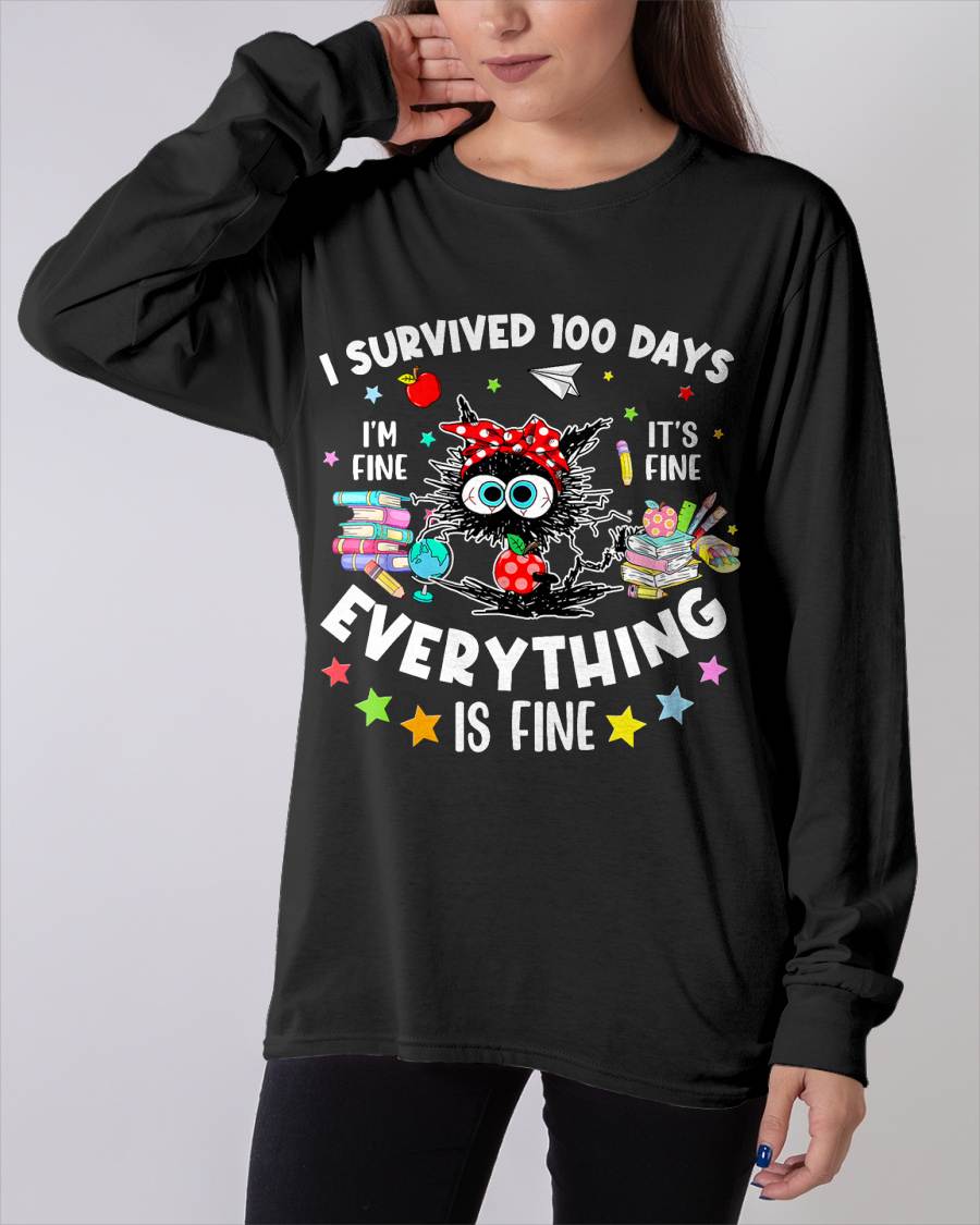 I Survived 100 Days of School Teacher Kids Funny Cat Lover T-Shirt