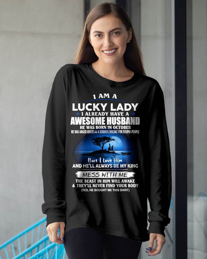 OCTOBER, I AM A LUCKY LADY - GIFT T SHIRT FROM HUSBAND TO WIFE - SNOW10 (SKU2602-188-10)