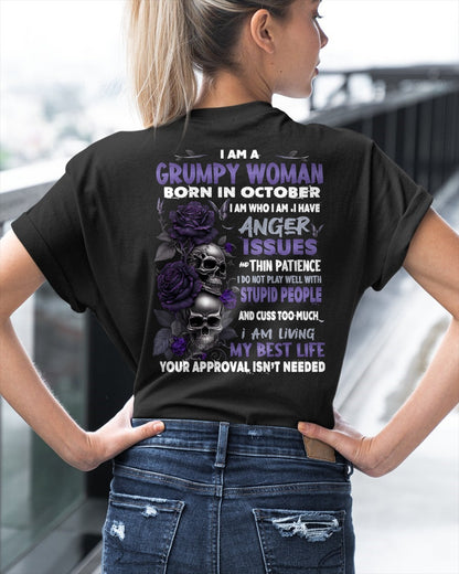 Grumpy Woman Born in October T-Shirt – Funny Skull & Rose Graphic Tee with Quotes - SNOW10 FMA (SKU10-08-10)