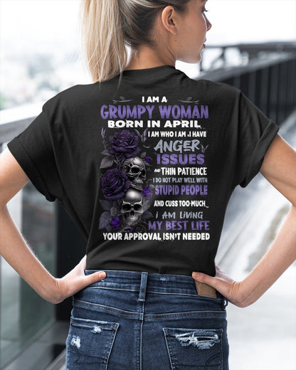 Grumpy Woman Born in April T-Shirt – Funny Skull & Rose Graphic Tee with Quotes - SNOW04 FMA (SKU10-08-04)