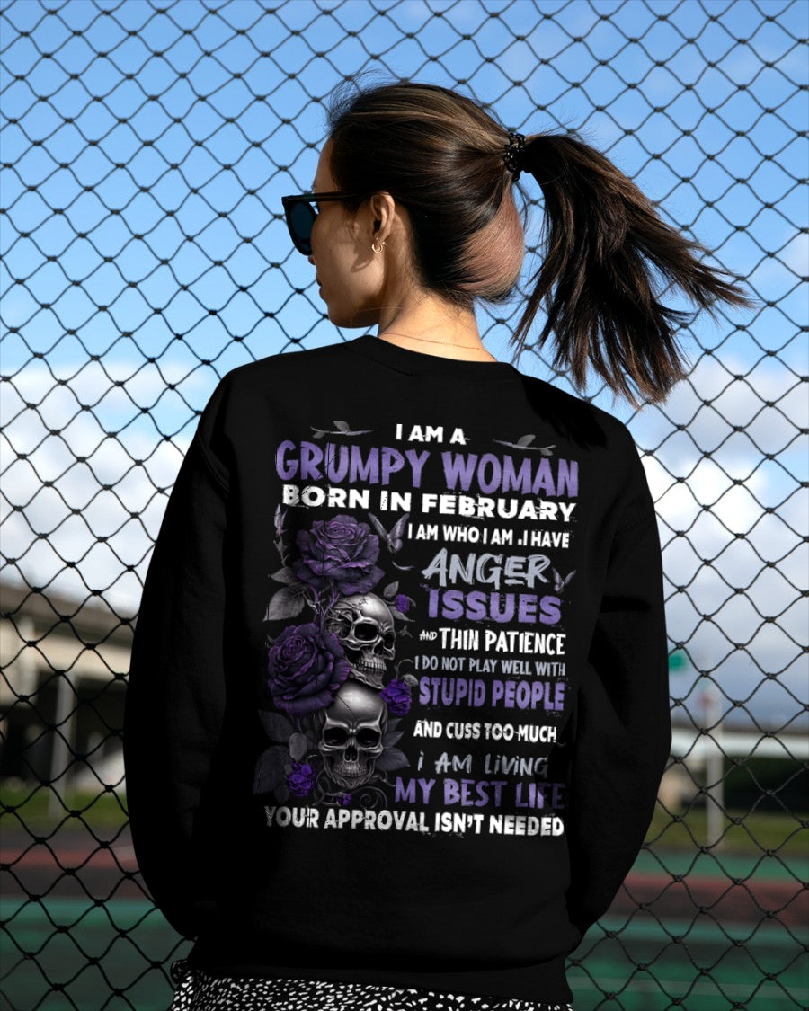 Grumpy Woman Born in February T-Shirt – Funny Skull & Rose Graphic Tee with Quotes - SNOW02 FMA (SKU10-08-02)
