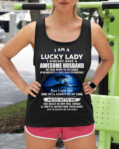 OCTOBER, I AM A LUCKY LADY - GIFT T SHIRT FROM HUSBAND TO WIFE - SNOW10 (SKU2602-188-10)