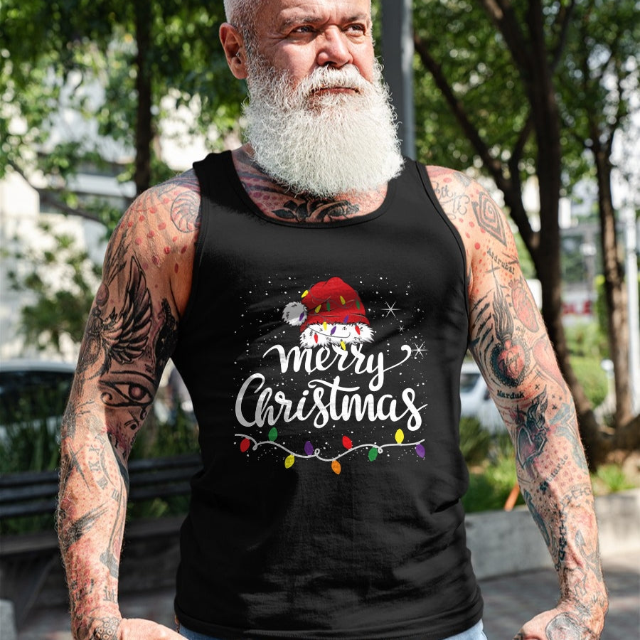 Merry Christmas Lights Red Santa Hat Xmas Family Men Women Pullover - Christmas Unisex T-Shirt/Hoodie/Sweatshirt - SNOW00