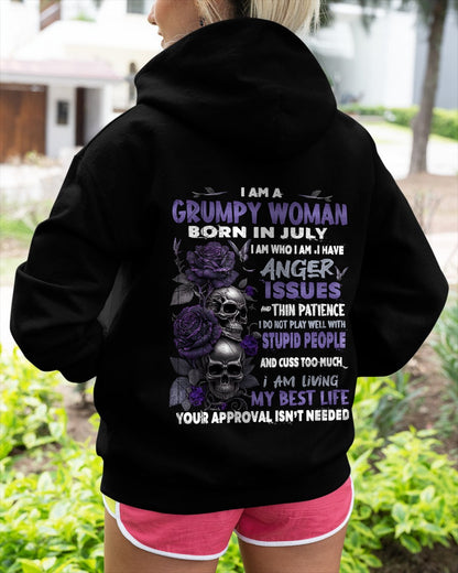 Grumpy Woman Born in July T-Shirt – Funny Skull & Rose Graphic Tee with Quotes - SNOW07 FMA (SKU10-08-07)
