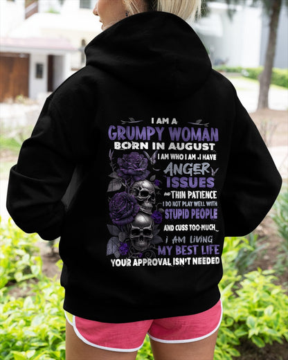 Grumpy Woman Born in August T-Shirt – Funny Skull & Rose Graphic Tee with Quotes - SNOW08 FMA (SKU10-08-08)