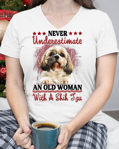 Never Underestimate Old Woman with A Shih Tzu Puppy Face T-Shirt