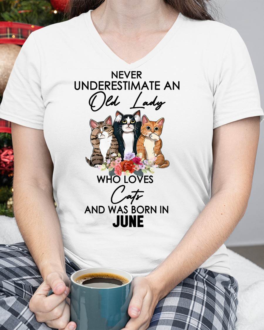 Never Underestimate An Old Lady Who Loves Cats Born June T-Shirt