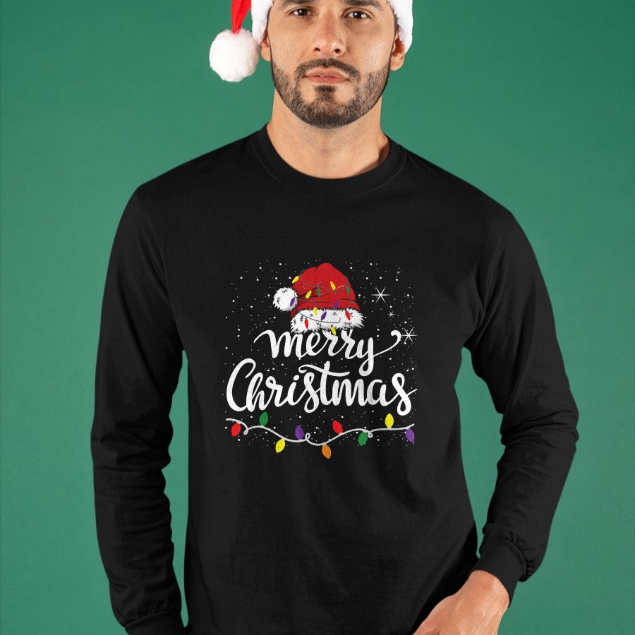 Merry Christmas Lights Red Santa Hat Xmas Family Men Women Pullover - Christmas Unisex T-Shirt/Hoodie/Sweatshirt - SNOW00
