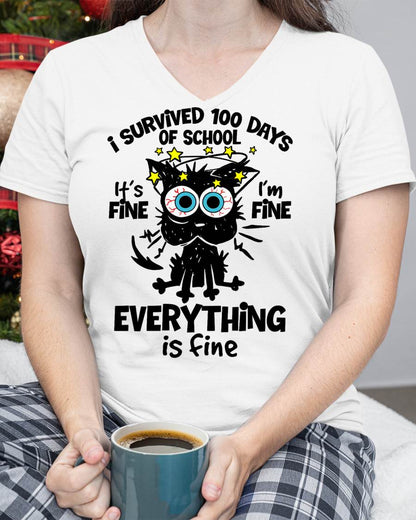 I Survived 100 Days of School It's Fine I'm Fine 100th Day Cat T-Shirt