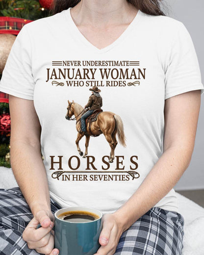 JANUARY SHIRT, A WOMAN WHO STILL RIDES HORSES IN HER SEVENTIES - SNOW01 (SKU2604-287-01)
