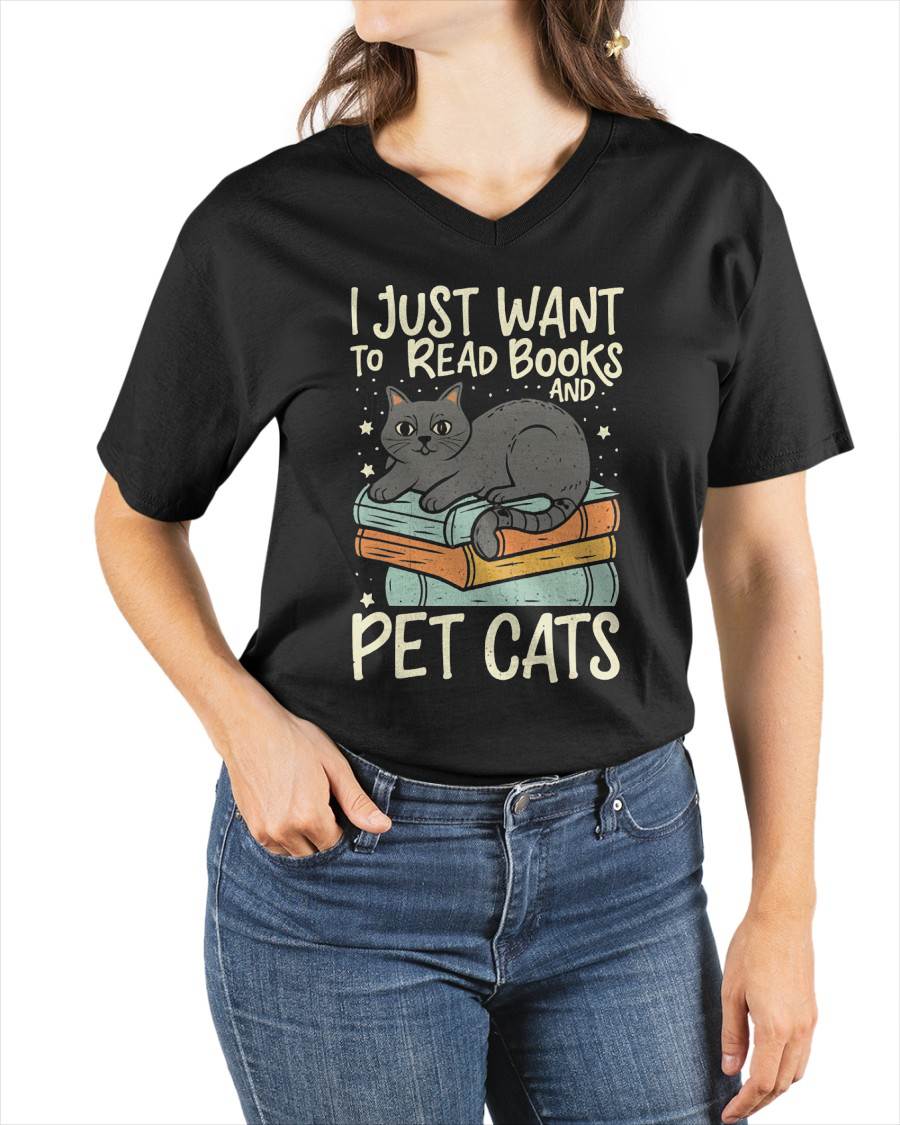 Retro I Just Want to Read Books and Pet Cats Cat T-Shirt
