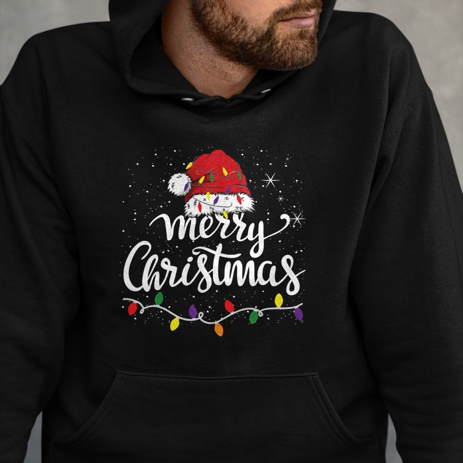 Merry Christmas Lights Red Santa Hat Xmas Family Men Women Pullover - Christmas Unisex T-Shirt/Hoodie/Sweatshirt - SNOW00