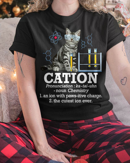 Cation - Funny Chemistry Humor Science Teacher Cat Pun T-Shirt Small