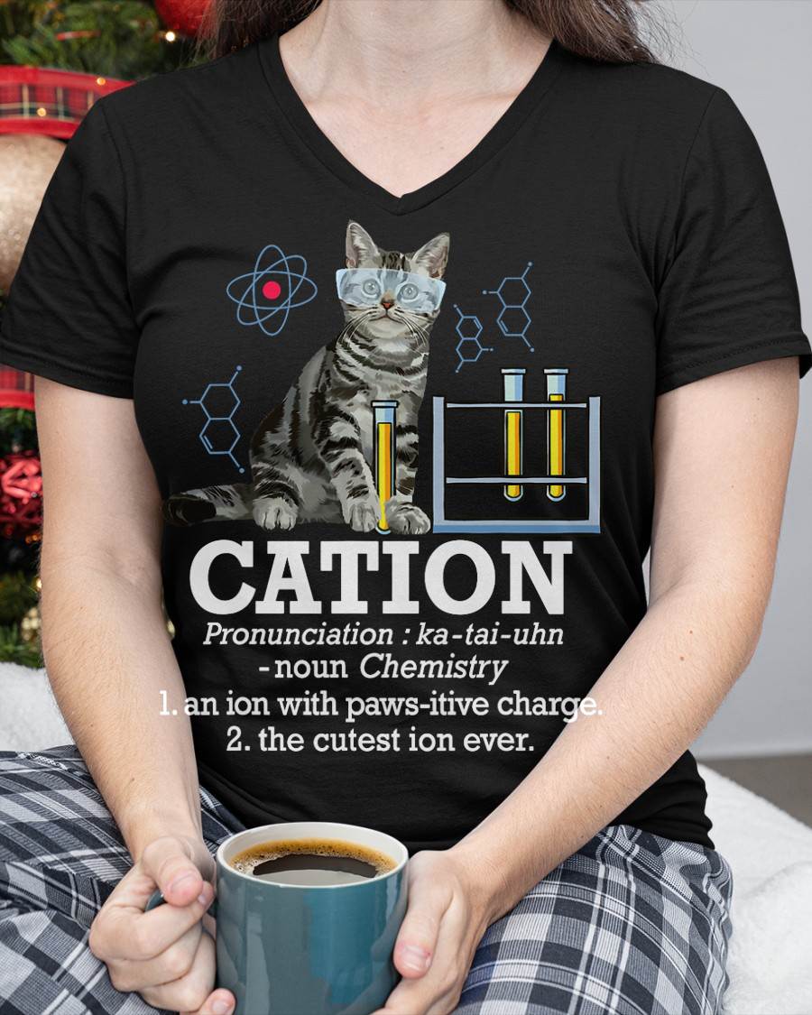 Cation - Funny Chemistry Humor Science Teacher Cat Pun T-Shirt Small