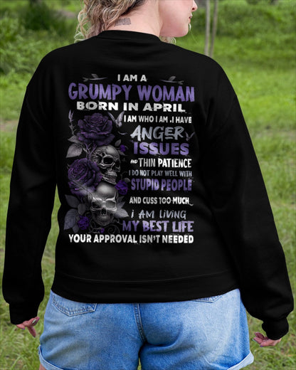 Grumpy Woman Born in April T-Shirt – Funny Skull & Rose Graphic Tee with Quotes - SNOW04 FMA (SKU10-08-04)