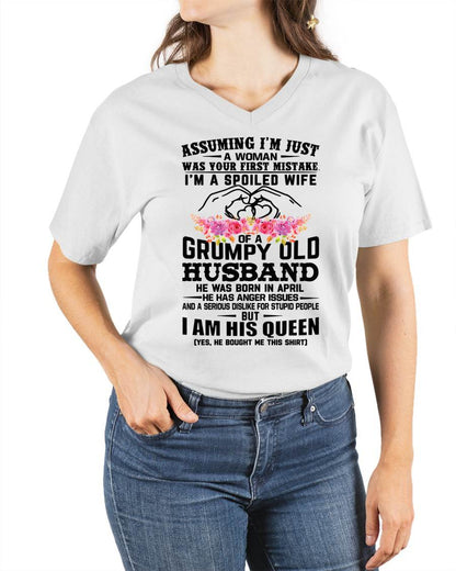 April - Spoiled Wife T-Shirt – Grumpy Old Husband Funny Tee - Perfect Gift From Husband - SNOW04 (SKU11-101-04)