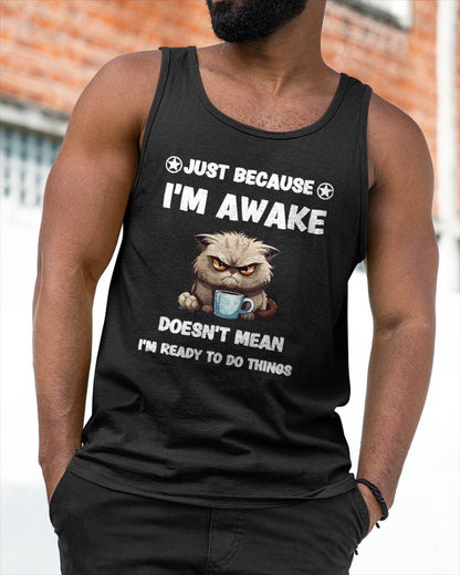 Just Because I'm Awake Funny Cat With Coffee for Tweens T-Shirt