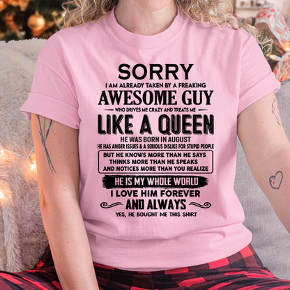 August - Sorry I am already taken by a freaking awesome guy - Gift for Wife From Husband - SNOW08 (SKU-SRG-08)