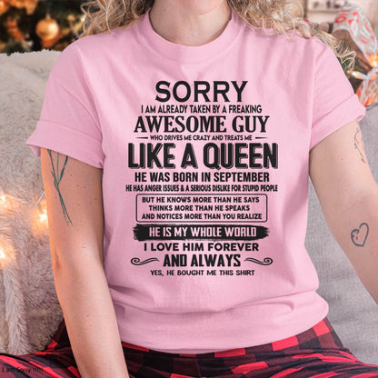 September - Sorry I am already taken by a freaking awesome guy - Gift for Wife From Husband - SNOW09 (SKU08-25-09)