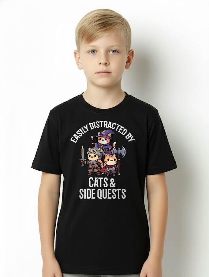 Gamer Easily Distracted by Cats Side Quests Men Boys Kids T-Shirt