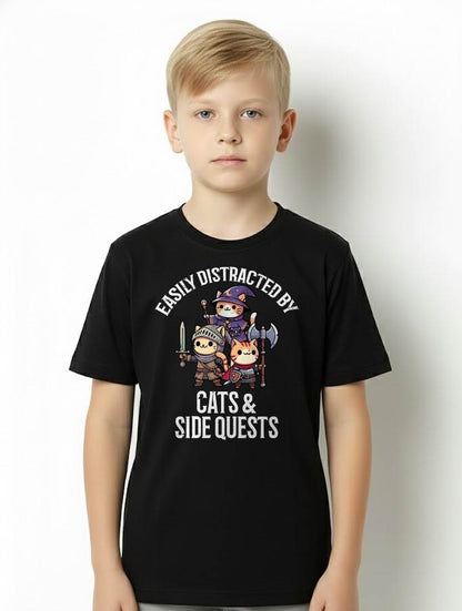 Gamer Easily Distracted by Cats Side Quests Men Boys Kids T-Shirt